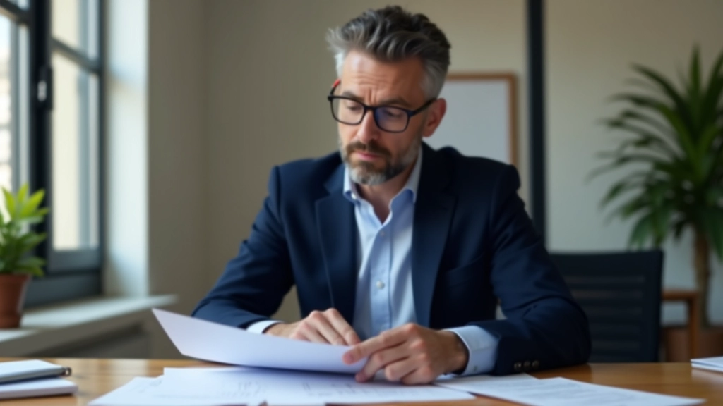 Consultor fiscal revendo documentos de cliente numa secretária de escritório profissional