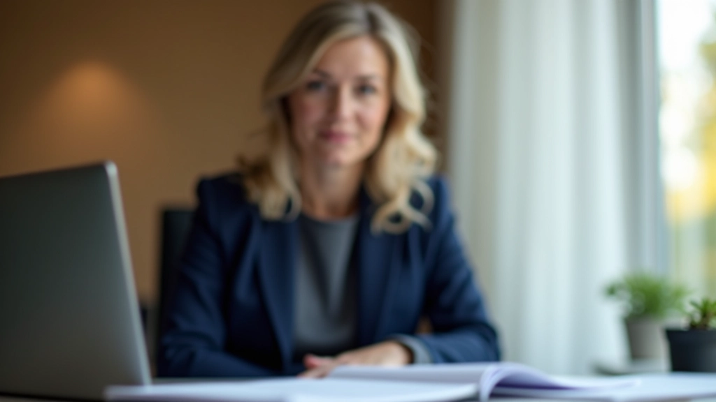 Margarida Fernandes trabalhando numa secretária moderna com documentos e computador, luz natural de janela, ambiente profissional de consultório fiscal português
